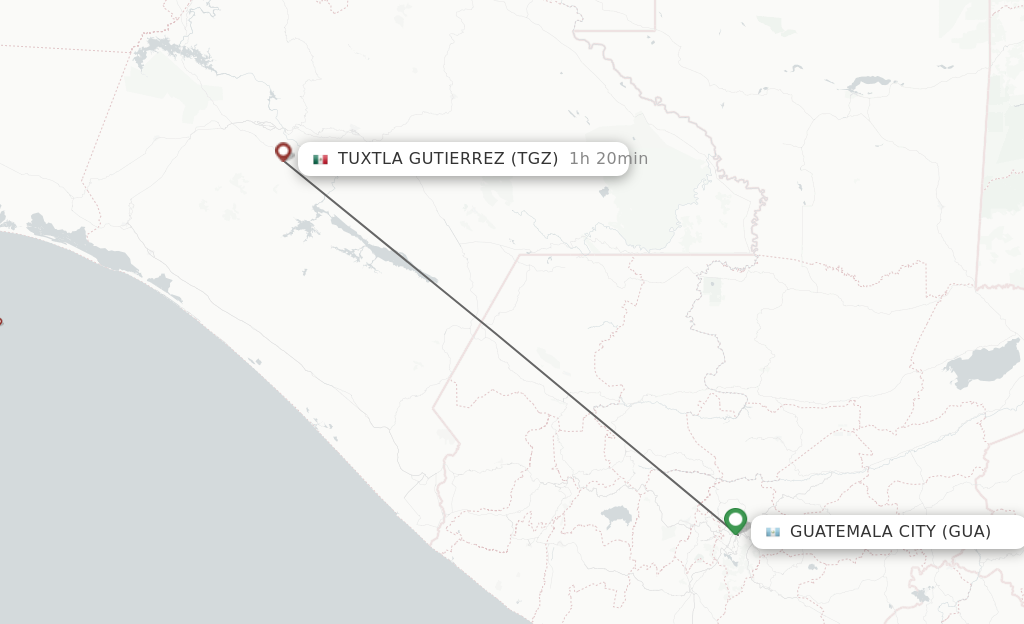 Flights from Guatemala City to Tuxtla Gutierrez route map