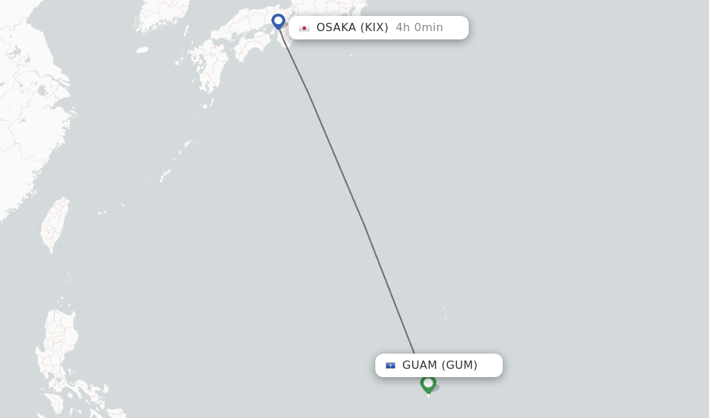 Flights from Guam to Osaka route map