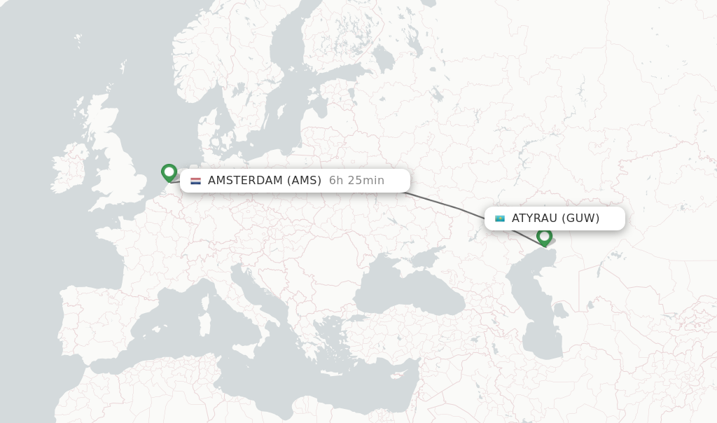 Flights from Atyrau to Amsterdam route map