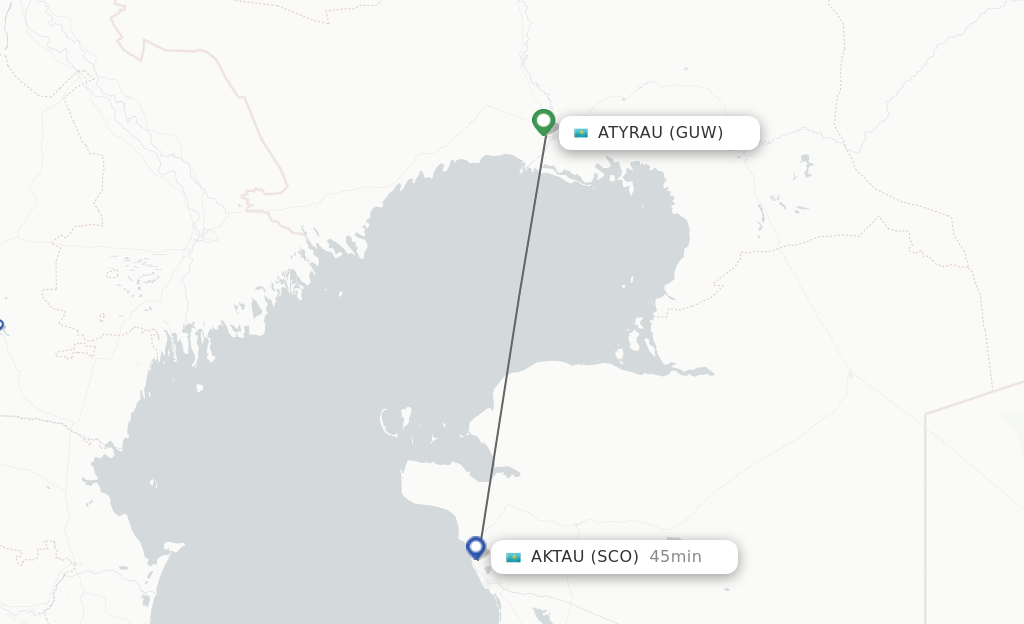 Flights from Atyrau to Aktau route map