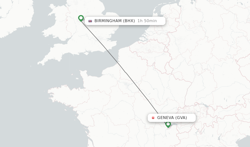 Flights from Geneva to Birmingham route map