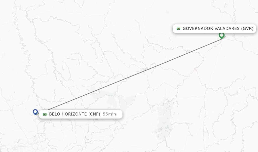 Flights from Governador Valadares to Belo Horizonte route map