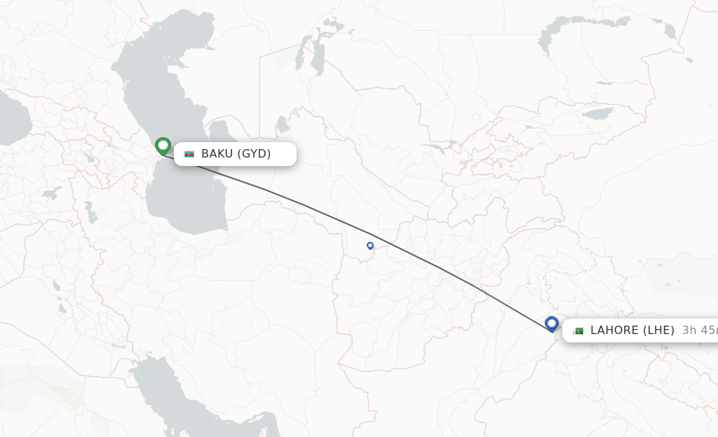 Flights from Baku to Lahore route map