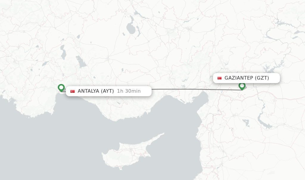 Flights from Gaziantep to Antalya route map