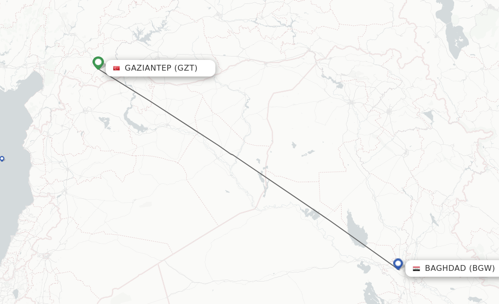 Flights from Gaziantep to Baghdad route map