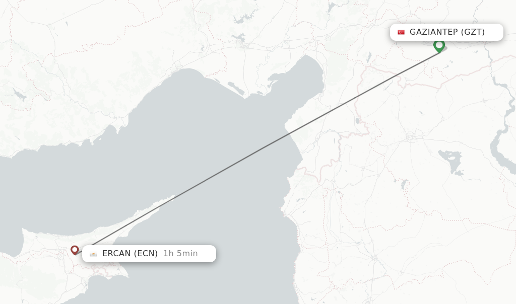 Flights from Gaziantep to Ercan route map
