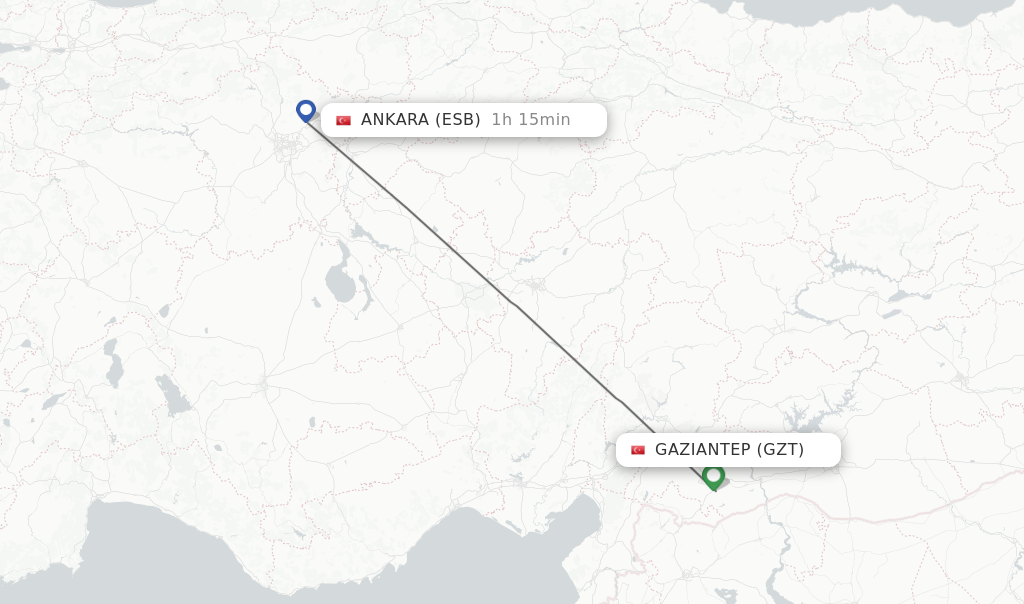 Flights from Gaziantep to Ankara route map