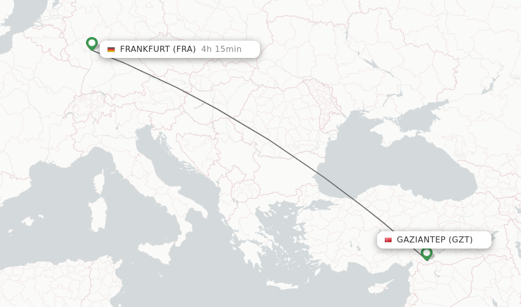 Flights from Gaziantep to Frankfurt route map