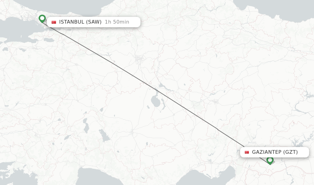 Flights from Gaziantep to Istanbul route map