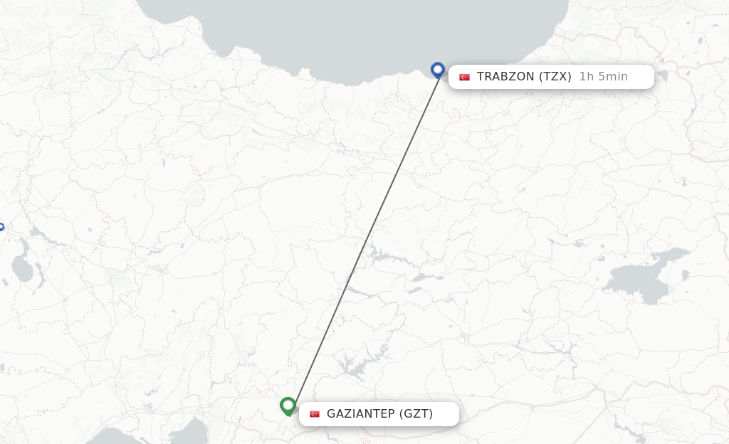 Flights from Gaziantep to Trabzon route map