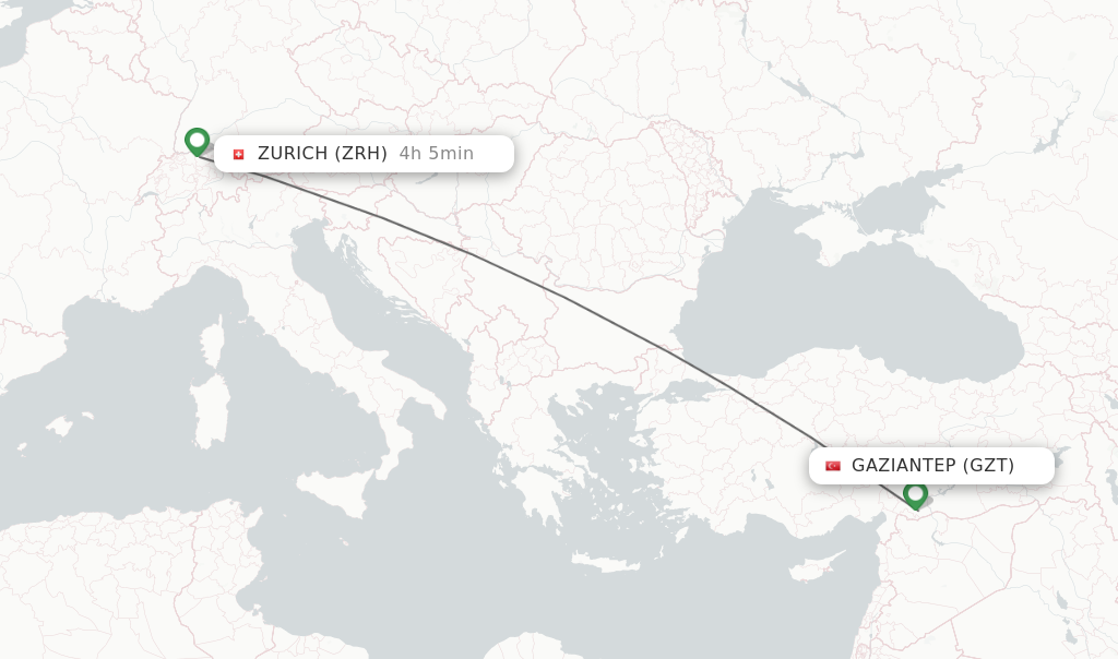 Flights from Gaziantep to Zurich route map