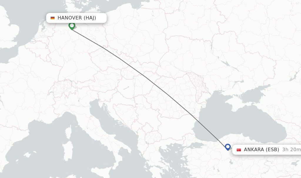 Flights from Hanover to Ankara route map