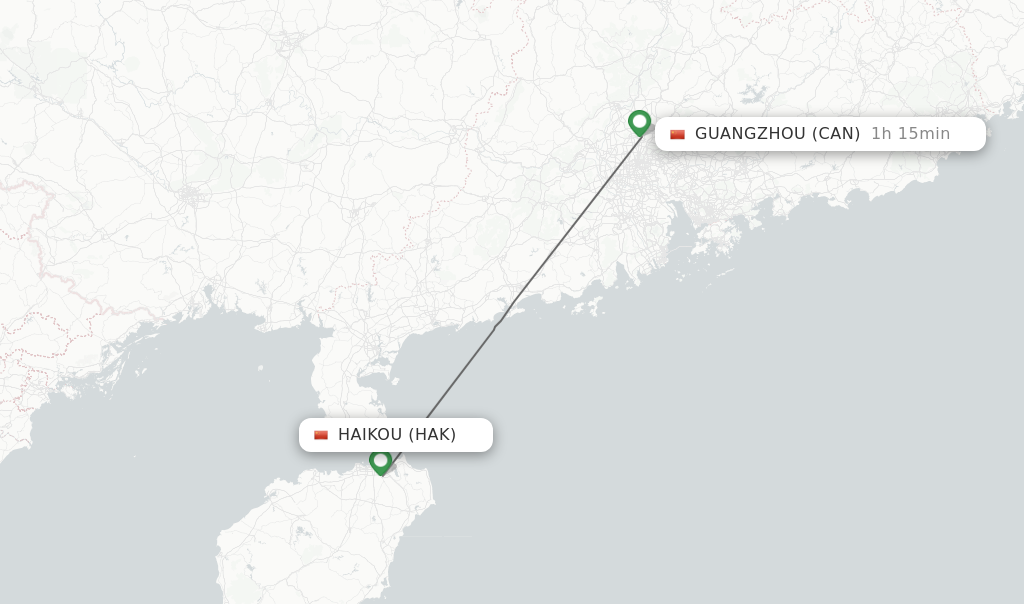 Flights from Haikou to Guangzhou route map