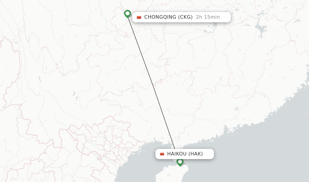 Flights from Haikou to Chongqing route map