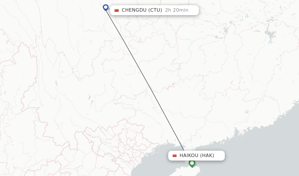 Flights from Haikou to Chengdu route map