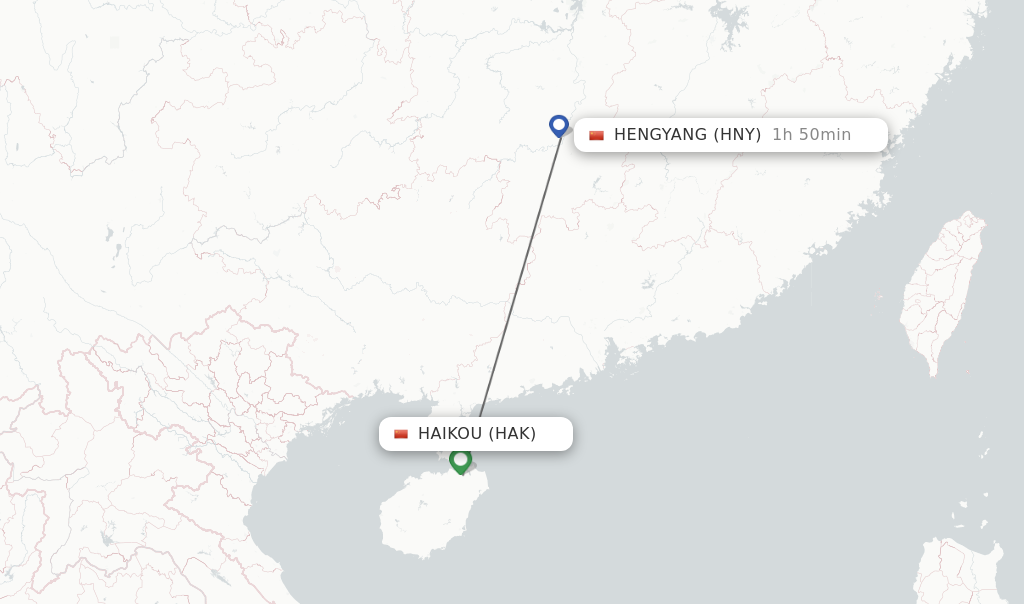 Flights from Haikou to Hengyang route map