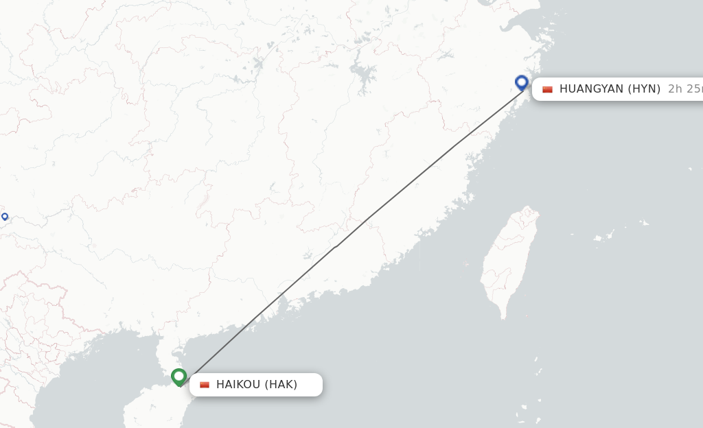 Flights from Haikou to Taizhou route map