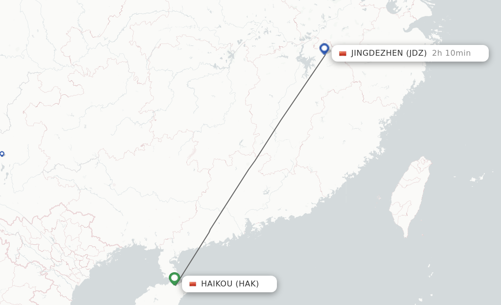 Flights from Haikou to Jingdezhen route map
