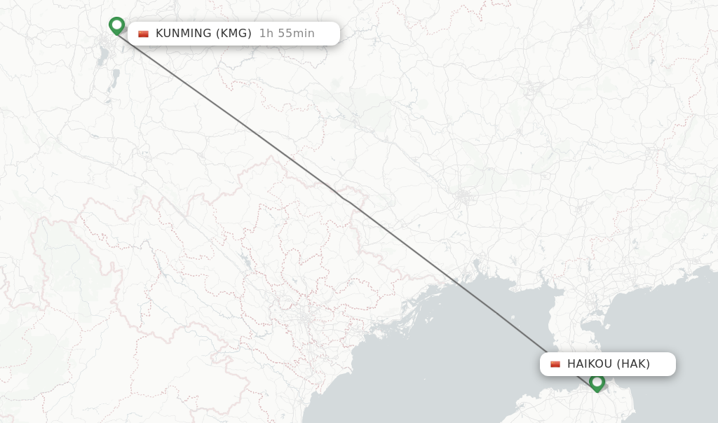 Flights from Haikou to Kunming route map