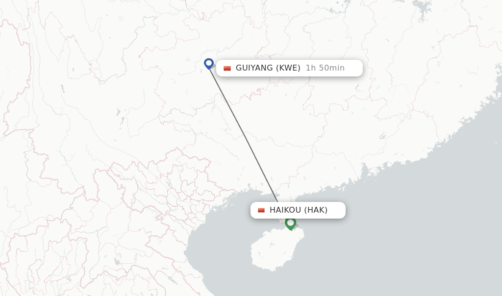 Flights from Haikou to Guiyang route map