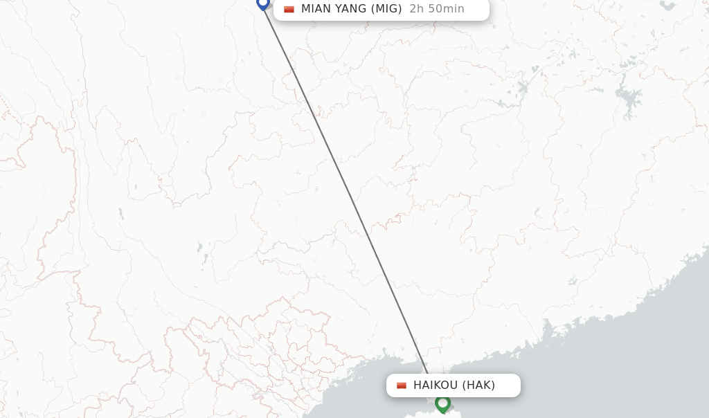 Flights from Haikou to Mian Yang route map