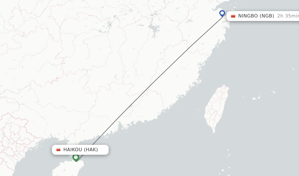 Flights from Haikou to Ningbo route map