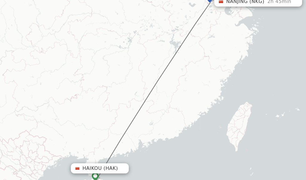 Flights from Haikou to Nanjing route map