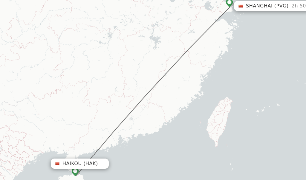 Flights from Haikou to Shanghai route map