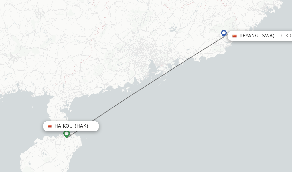 Flights from Haikou to Jieyang route map