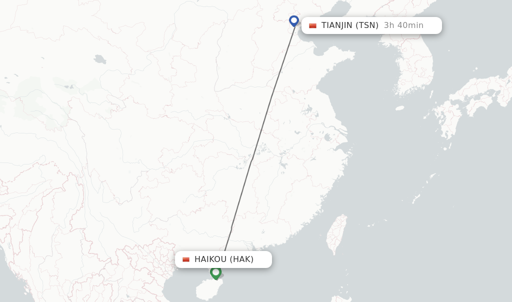 Flights from Haikou to Tianjin route map