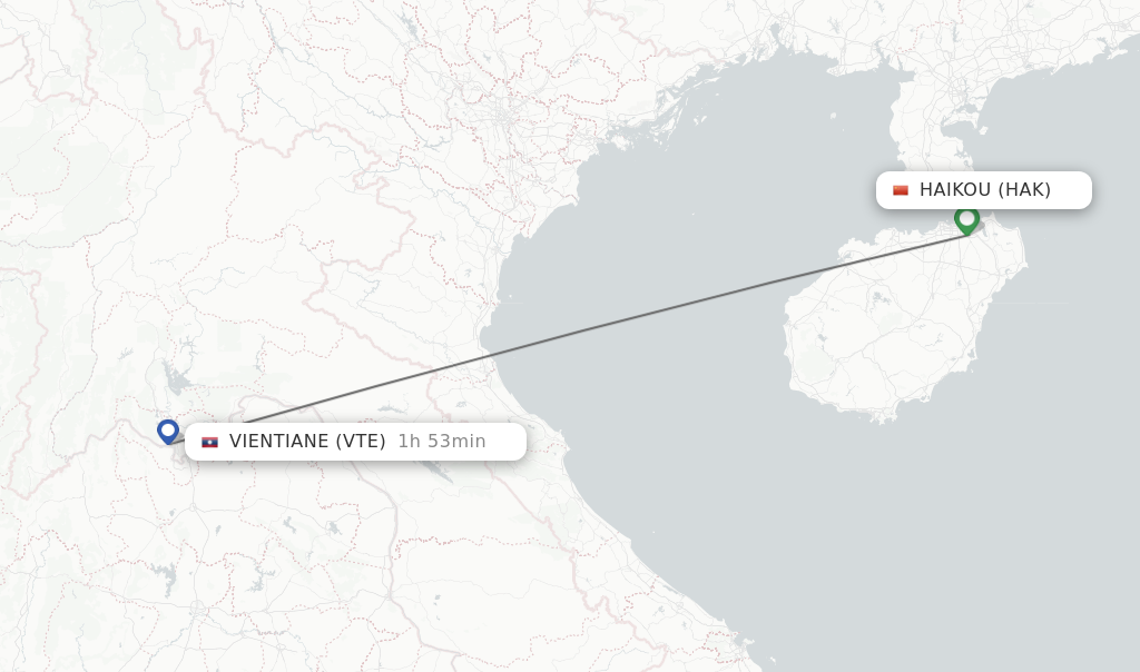 Flights from Haikou to Vientiane route map
