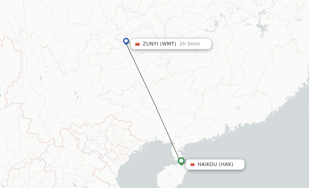 Flights from Haikou to Zunyi route map