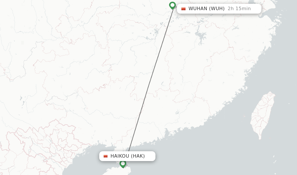 Flights from Haikou to Wuhan route map