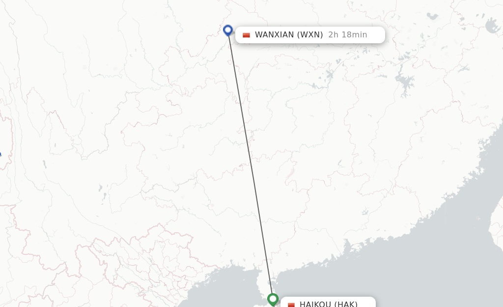 Flights from Haikou to Wanxian route map