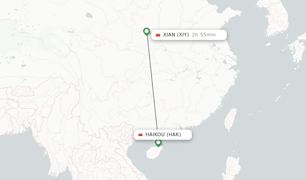 Flights from Haikou to Xian route map