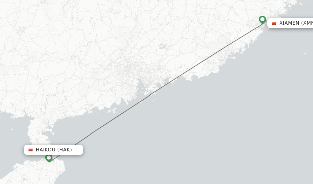 Flights from Haikou to Xiamen route map