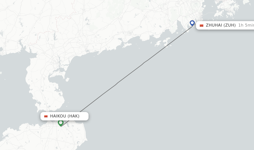 Flights from Haikou to Zhuhai route map