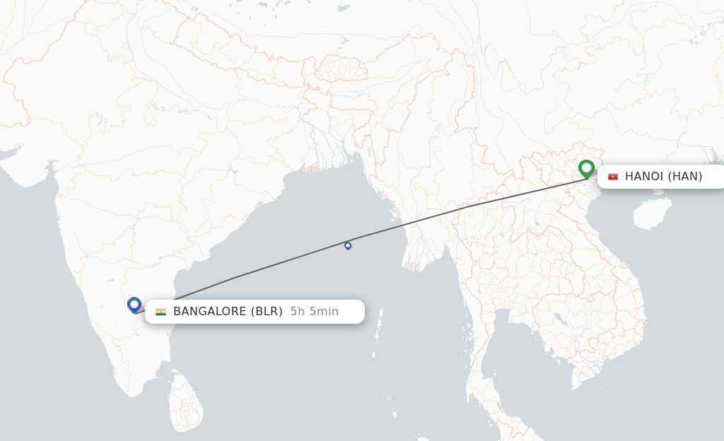 Flights from Hanoi to Bengaluru route map