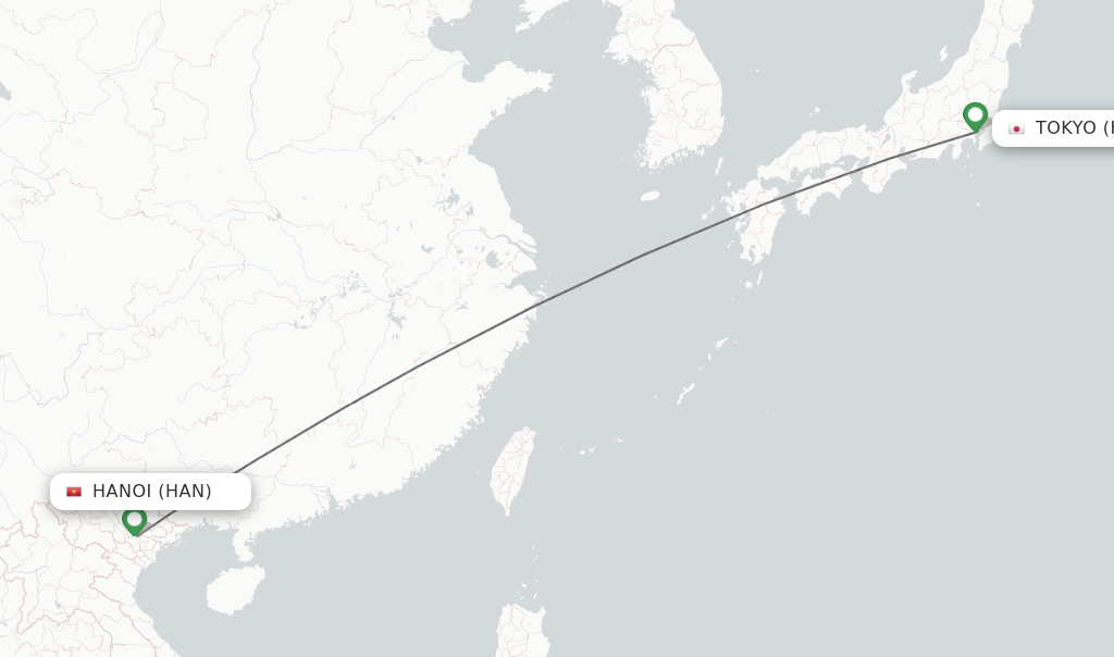Flights from Hanoi to Tokyo route map