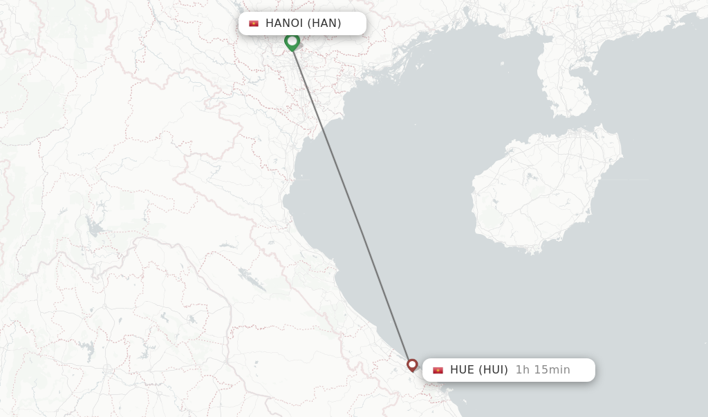 Flights from Hanoi to Hue route map