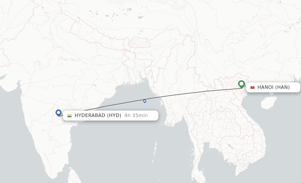 Flights from Hanoi to Hyderabad route map