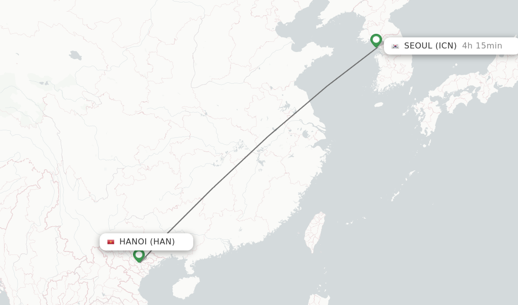 Flights from Hanoi to Seoul route map