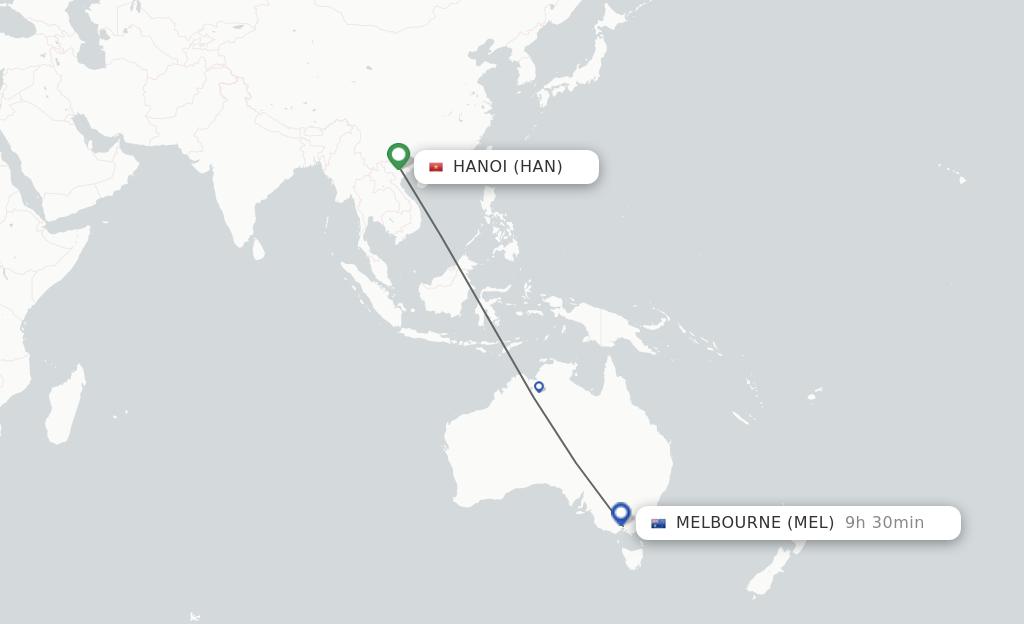 Flights from Hanoi to Melbourne route map
