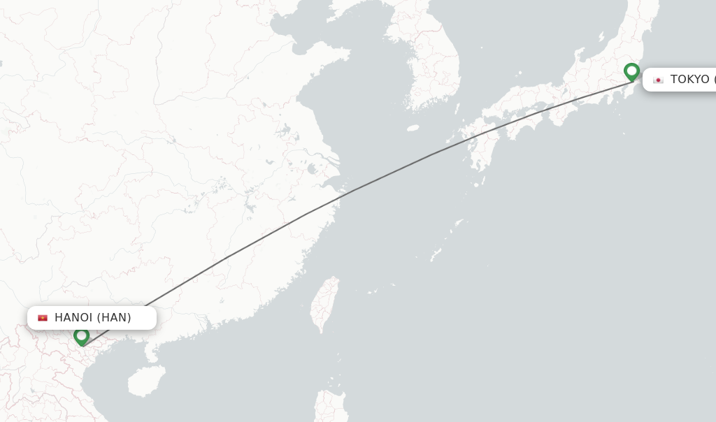 Flights from Hanoi to Tokyo route map