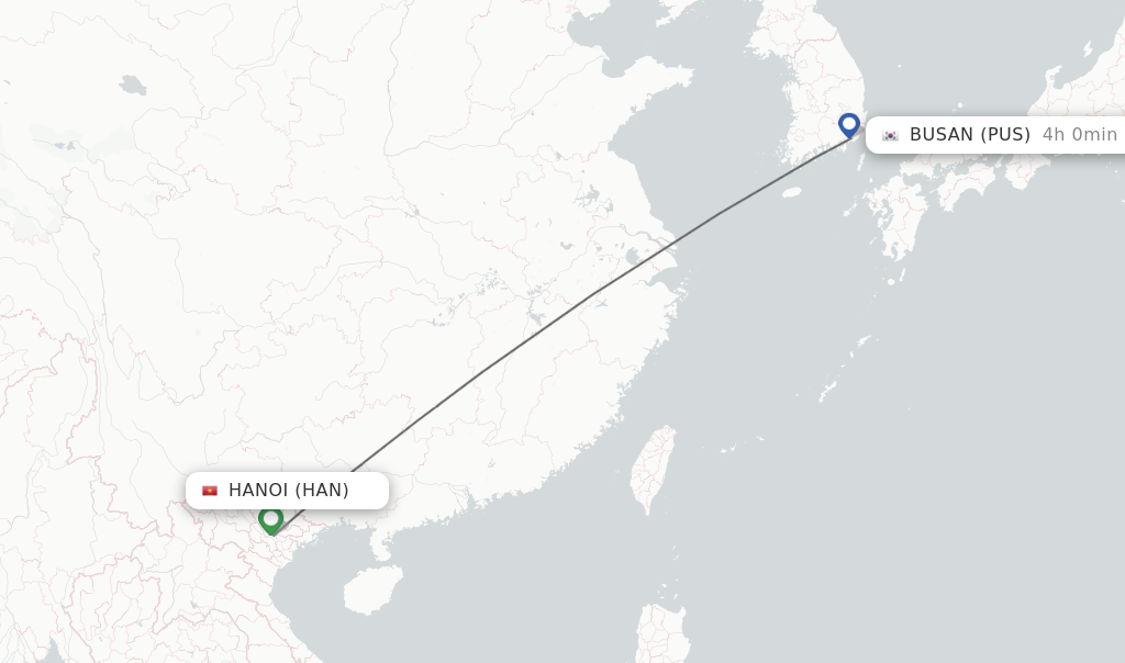 Flights from Hanoi to Busan route map