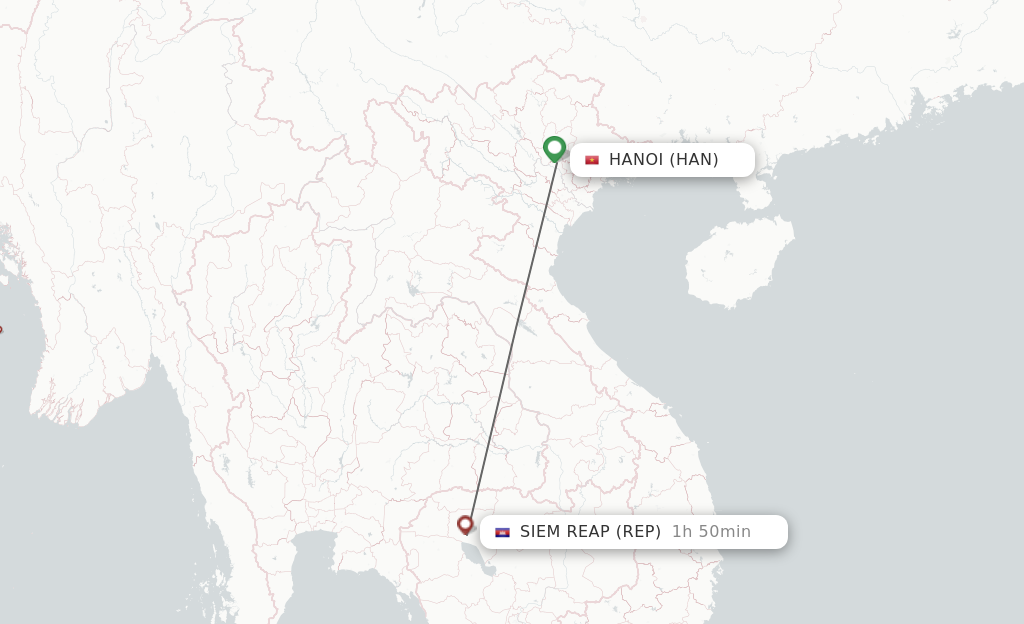 Flights from Hanoi to Siem Reap route map