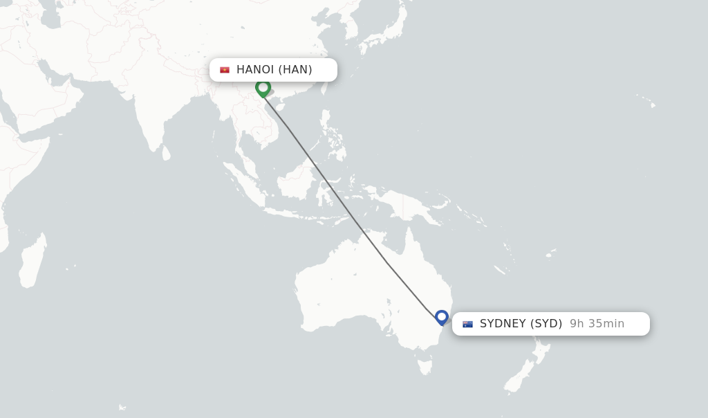Flights from Hanoi to Sydney route map