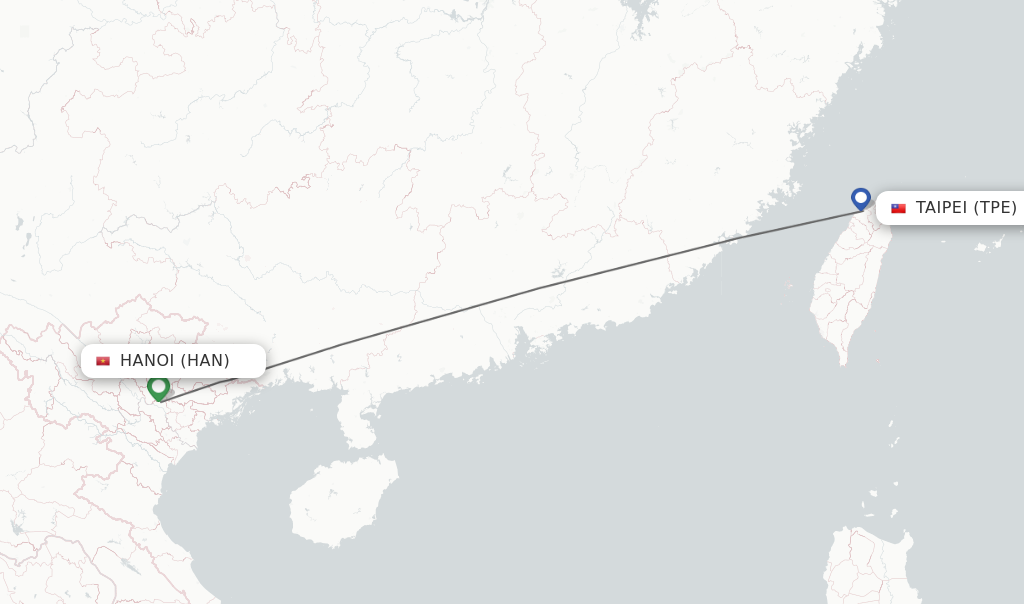 Flights from Hanoi to Taipei route map