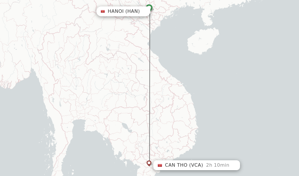 Flights from Hanoi to Can Tho route map