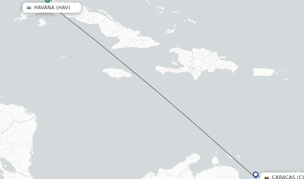 Flights from Havana to Caracas route map